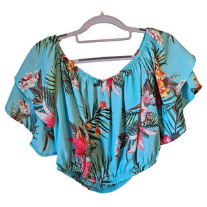 She + Sky Off The Shoulder Cropped Top Hawaiian Floral Print Large